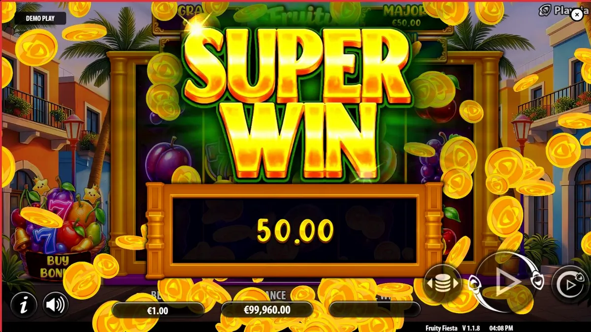 Tampilan visual neon yang cerah dari slot Fruity Fiesta Hold and Win